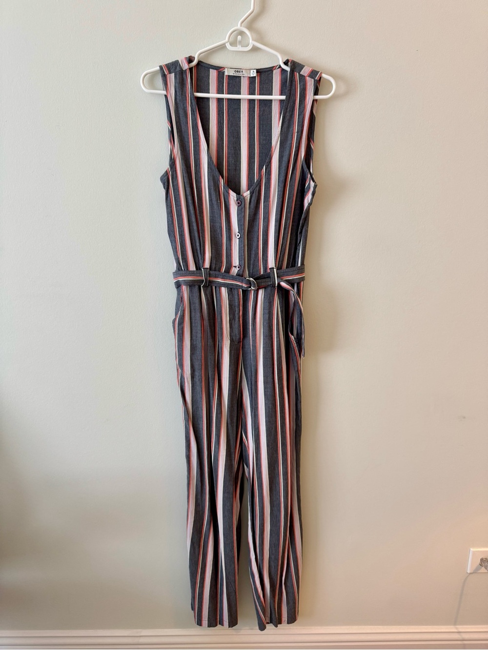 Obey Vertical Stripe Sleeveless Jumpsuit in Blue, Pink, and White